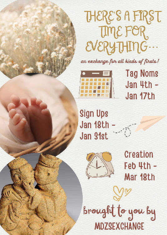 First Times: an art, fic, and podfic exchange focused on all kinds of firsts: kisses, night hunts, discoveries, starting over after everything's changed, and more. Tag Nominations begin on January 4th through January 17th. Sign Ups will be January 13th thr